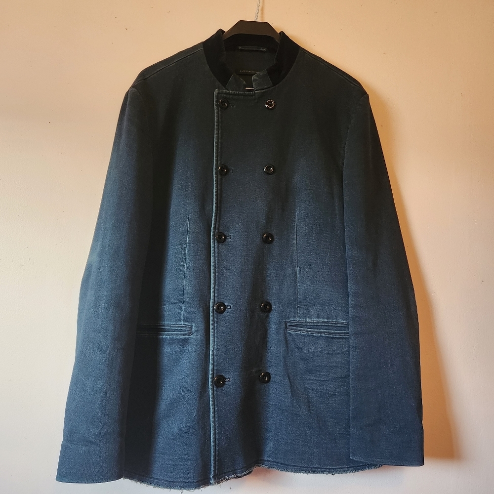 John Varvatos USA Double Breasted Velvet Collar Raw Hem Cotton Jacket Blue Sz 42